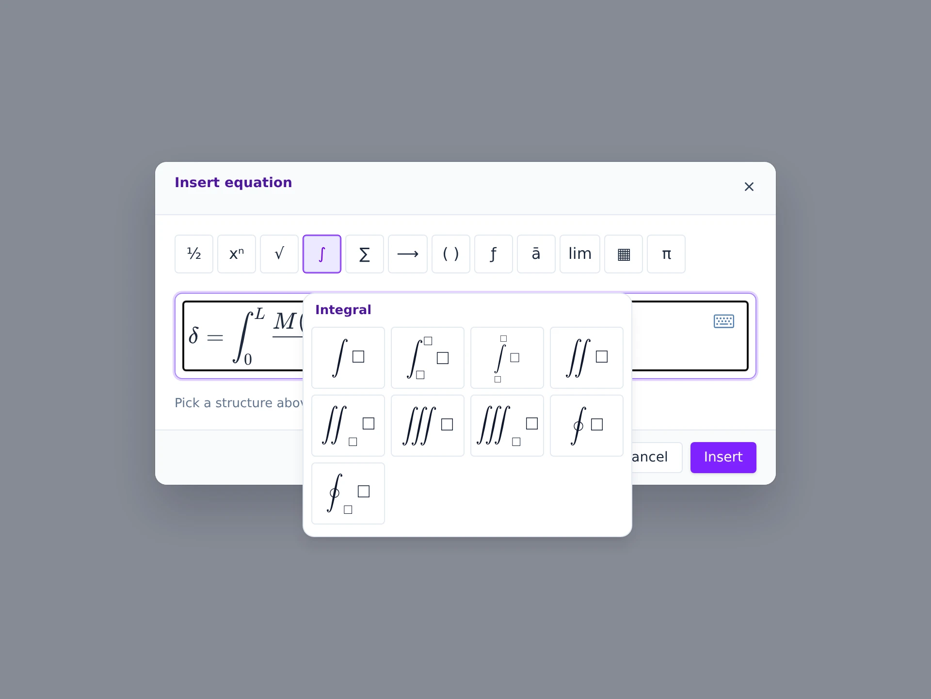 The equation editor’s structures gallery open on the Integral category, with a definite integral being built in the field behind it