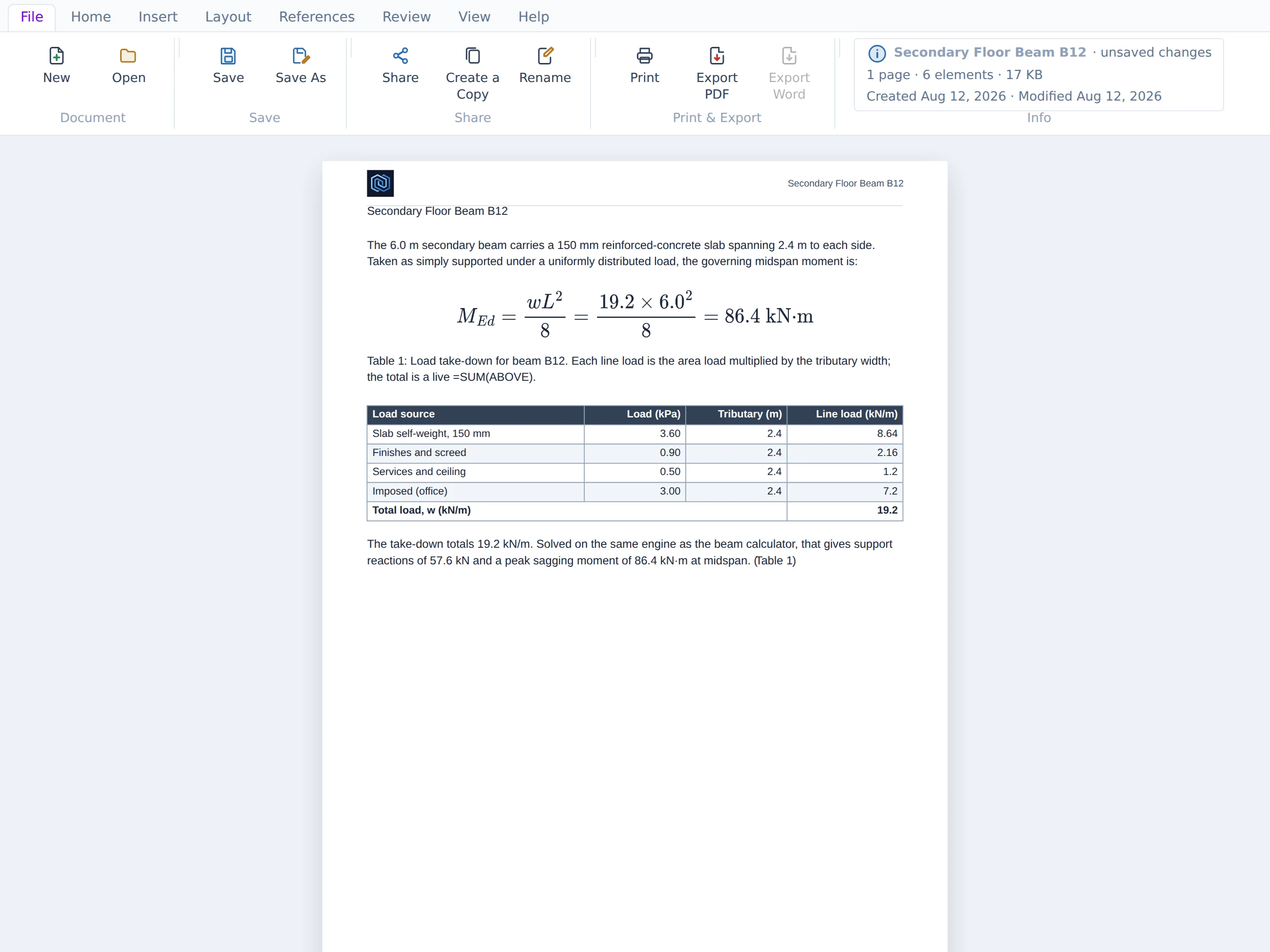 The File tab — New, Open, Save, Save As, Share and Export, with document info showing the report saved as a .screport file