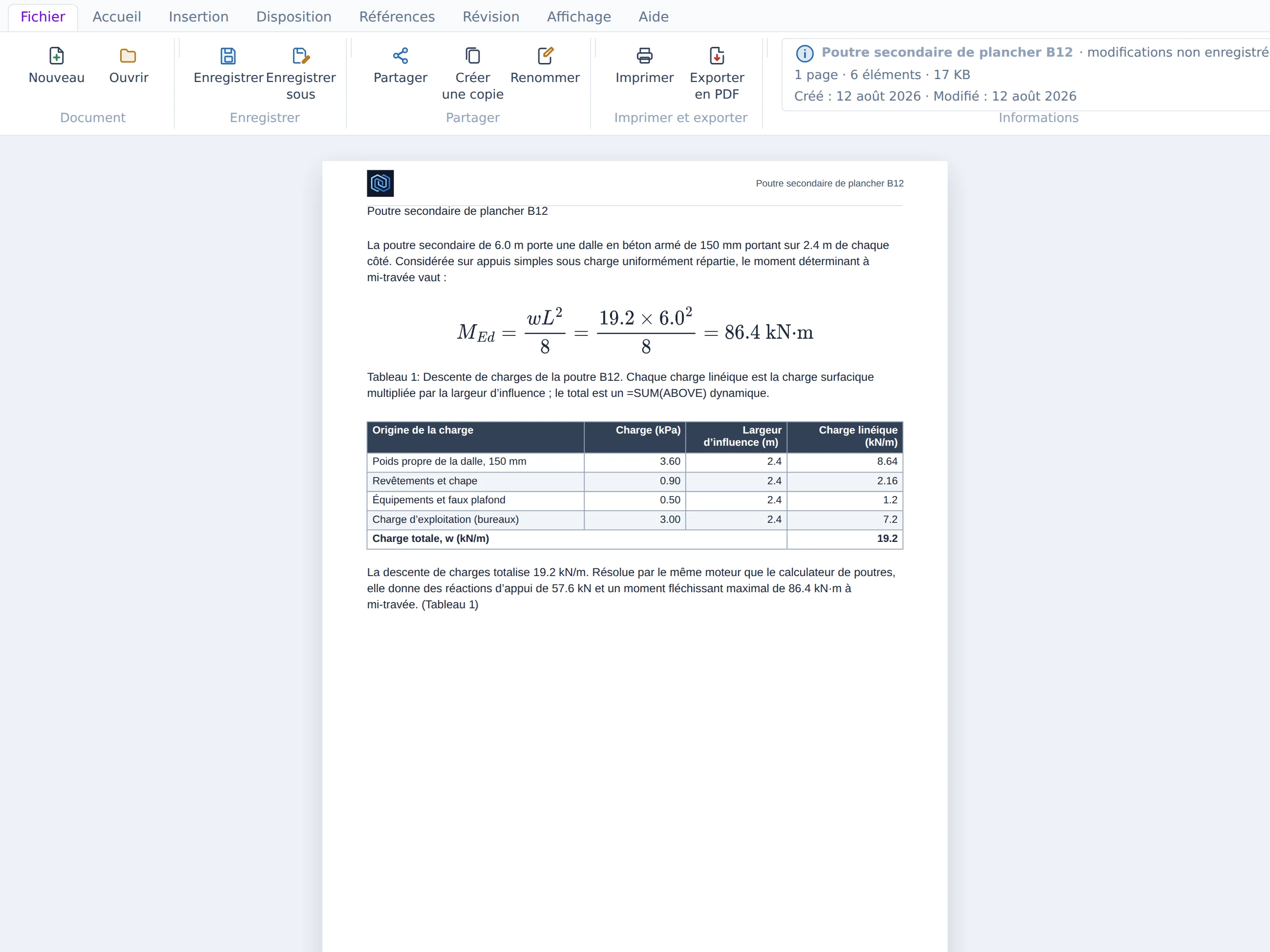 L’onglet Fichier — Nouveau, Ouvrir, Enregistrer, Enregistrer sous, Partager et Exporter, avec les informations du document indiquant le rapport enregistré en fichier .screport